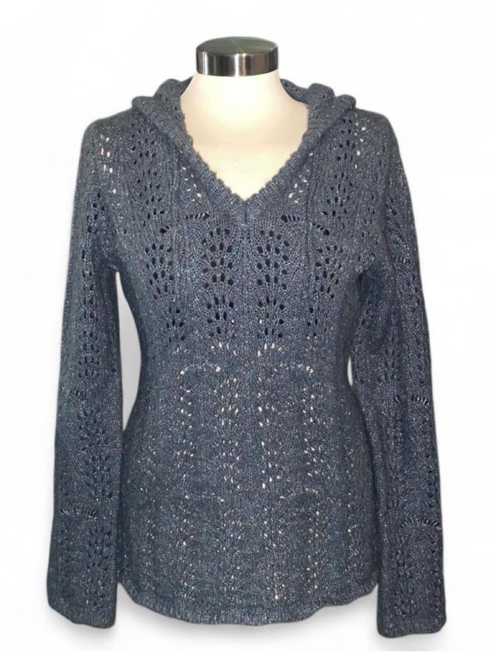 Women's Gray with Multi-color Yarn Hooded Openwork Knit Sweater